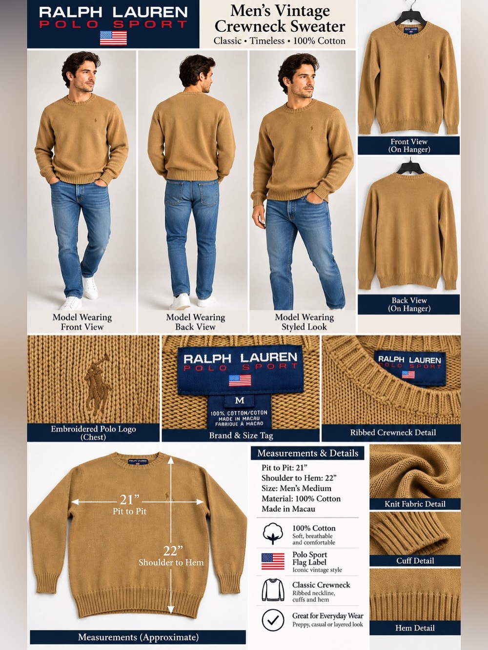Vintage Ralph Lauren Polo Sport Men’s M Camel Cotton Crewneck Sweater Flag Logo